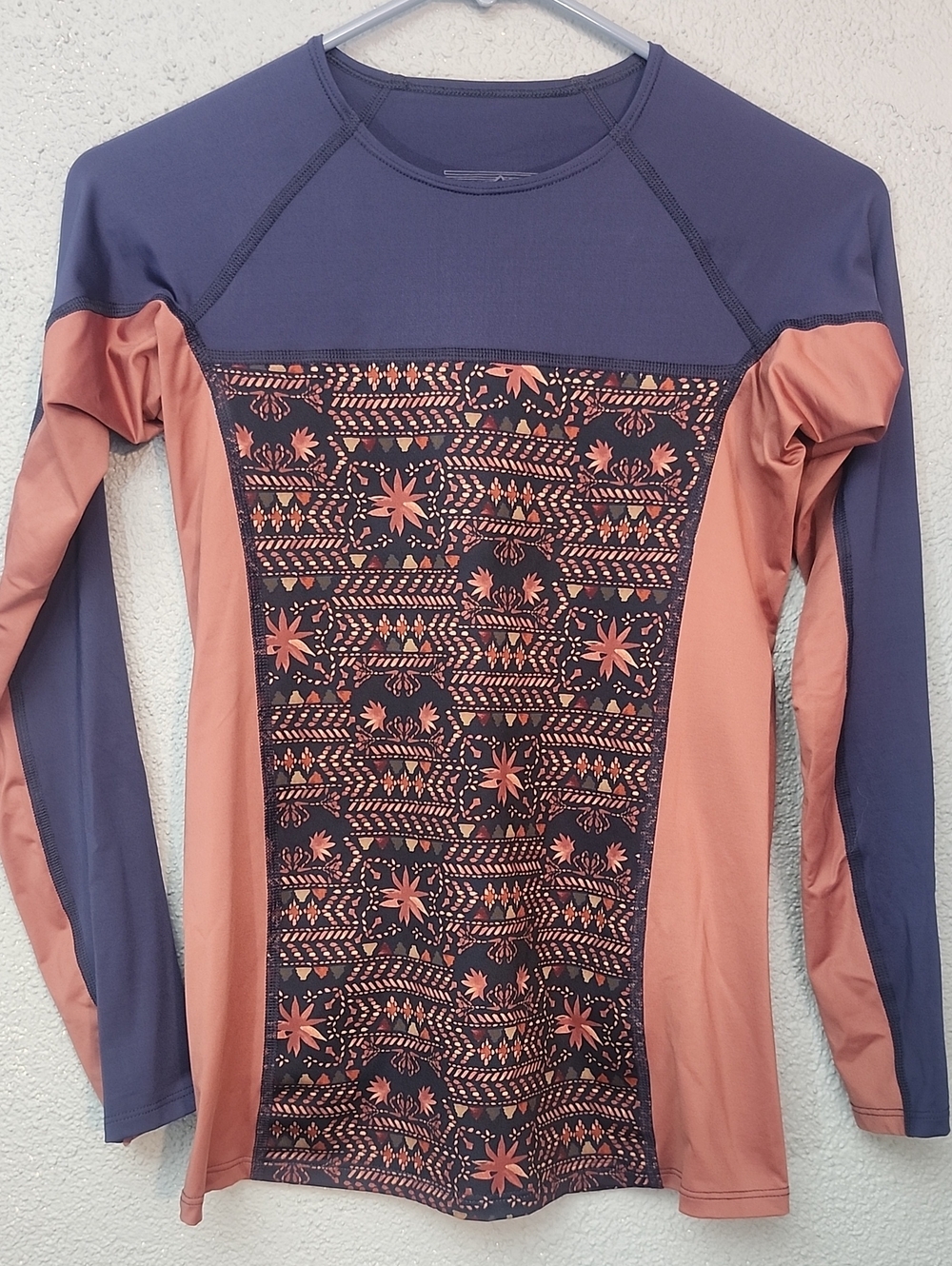 Women's Long-Sleeve Performance Top - Rust Pink & Navy Floral Panel